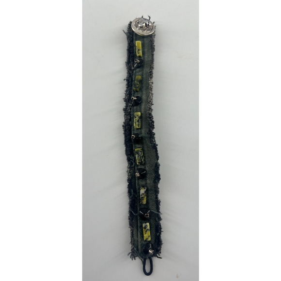 Unbranded Jewelry - Handmade Denim Jean Black Green Beaded Bracelet Boho Bohemian Indie Button Clasp